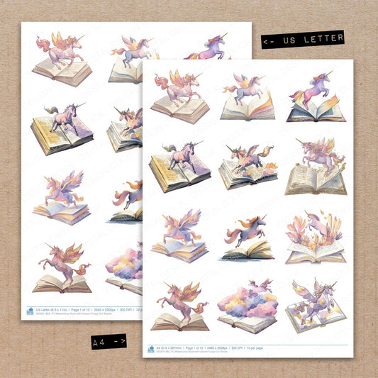A4 and US Letter format comparison showing Watercolour Book with Unicorn fussy cut pages for print and cut crafting