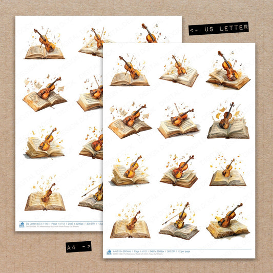 A4 and US Letter format comparison showing Watercolour Book with Violin fussy cut pages for print and cut crafting