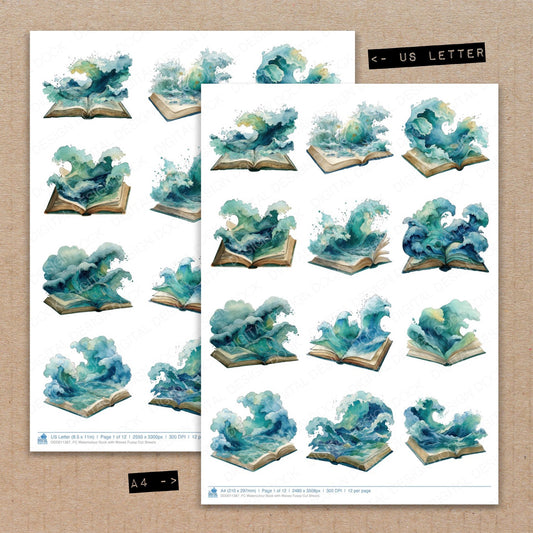 A4 and US Letter format comparison showing Watercolour Book with Waves fussy cut pages for print and cut crafting