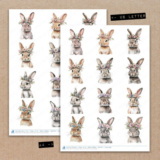 A4 and US Letter format comparison showing Watercolour Bunny Floral Portrait fussy cut pages for print and cut crafting