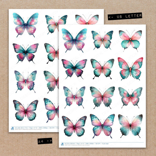 A4 and US Letter format comparison showing Watercolour Butterfly fussy cut pages for print and cut crafting
