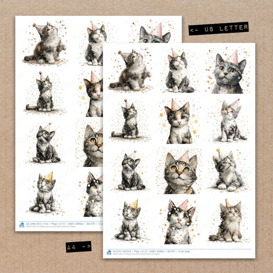 A4 and US Letter format comparison showing Watercolour Cat Confetti fussy cut pages for print and cut crafting