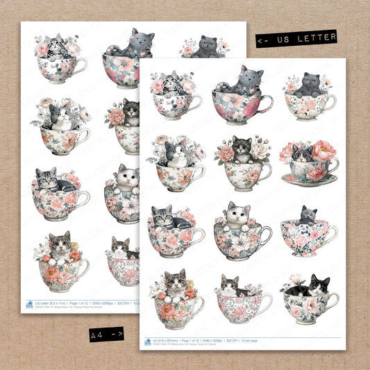 A4 and US Letter format comparison showing Watercolour Cat Teacup fussy cut pages for print and cut crafting