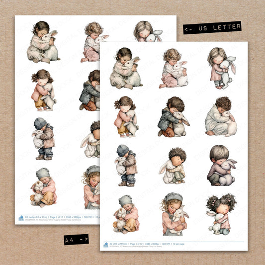 A4 and US Letter format comparison showing Watercolour Child Hugging Rabbit fussy cut pages for print and cut crafting