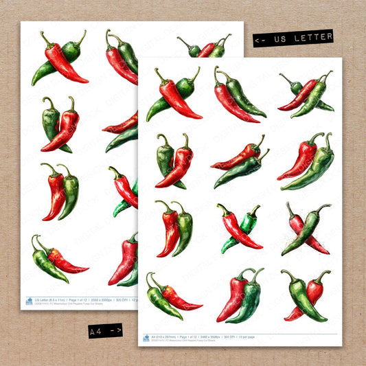 A4 and US Letter format comparison showing Watercolour Chili Peppers fussy cut pages for print and cut crafting