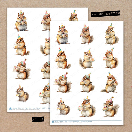 A4 and US Letter format comparison showing Watercolour Chipmunk Birthday fussy cut pages for print and cut crafting