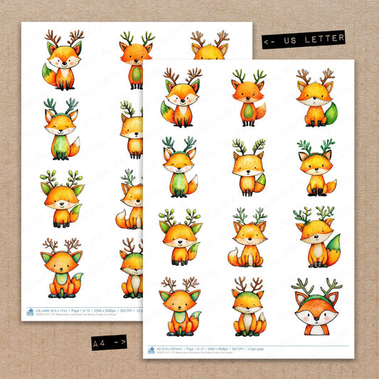 A4 and US Letter format comparison showing Watercolour Christmas Fox Antlers fussy cut pages for print and cut crafting