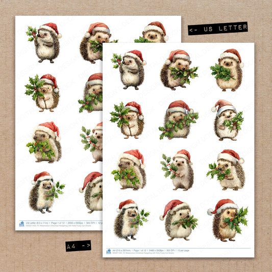 A4 and US Letter format comparison showing Watercolour Christmas Hedgehog with Holly fussy cut pages for print and cut crafting