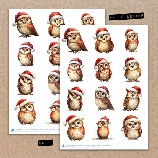 A4 and US Letter format comparison showing Watercolour Christmas Owl Santa Hat fussy cut pages for print and cut crafting