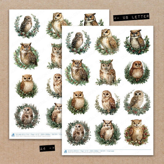 A4 and US Letter format comparison showing Watercolour Christmas Owl Wreath fussy cut pages for print and cut crafting