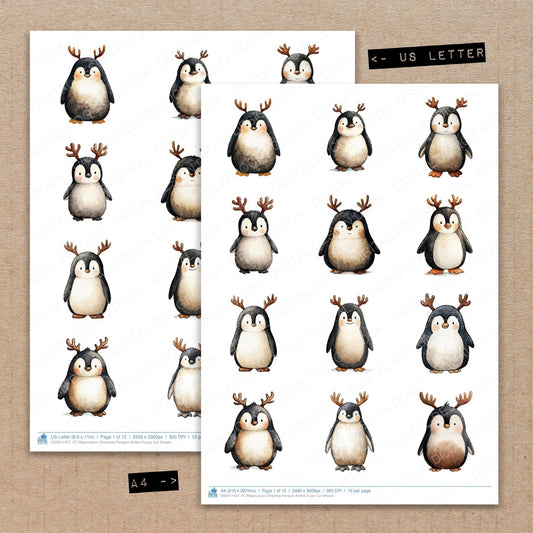 A4 and US Letter format comparison showing Watercolour Christmas Penguin Antlers fussy cut pages for print and cut crafting