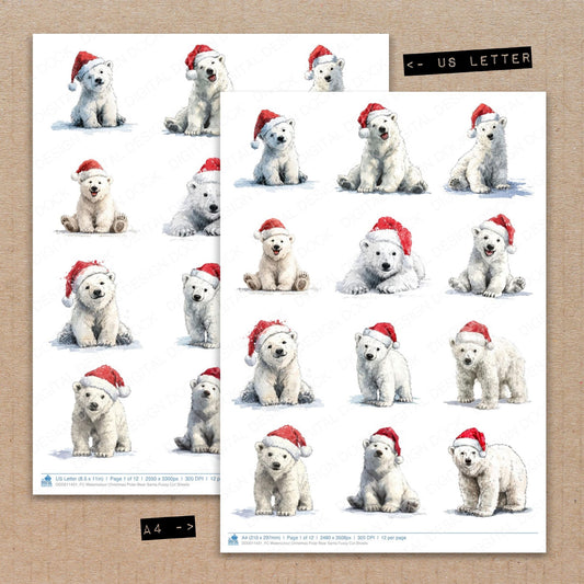 A4 and US Letter format comparison showing Watercolour Christmas Polar Bear Santa fussy cut pages for print and cut crafting