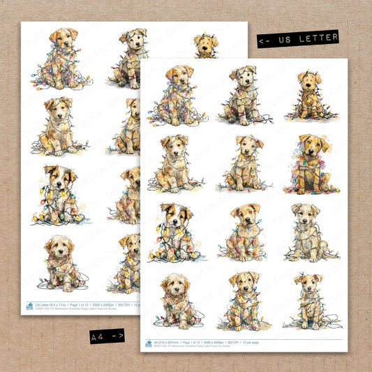 A4 and US Letter format comparison showing Watercolour Christmas Puppy Lights fussy cut pages for print and cut crafting