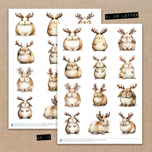 A4 and US Letter format comparison showing Watercolour Christmas Rabbit Antlers fussy cut pages for print and cut crafting