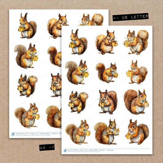 A4 and US Letter format comparison showing Watercolour Christmas Squirrel Gift fussy cut pages for print and cut crafting