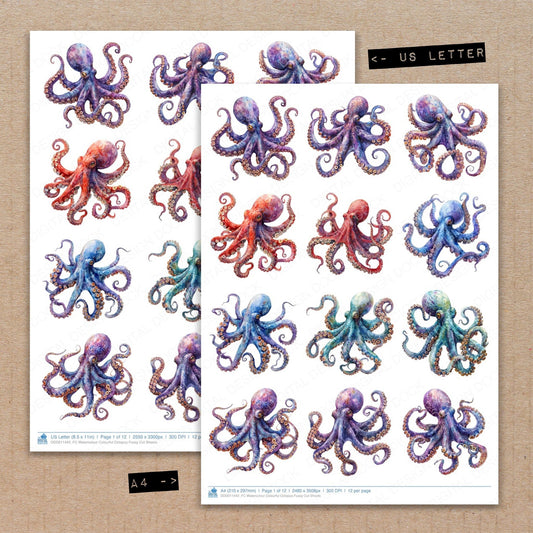 A4 and US Letter format comparison showing Watercolour Colourful Octopus fussy cut pages for print and cut crafting
