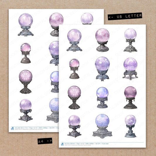 A4 and US Letter format comparison showing Watercolour Crystal Ball fussy cut pages for print and cut crafting