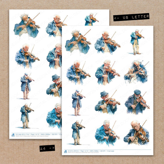 A4 and US Letter format comparison showing Watercolour Elderly Man Violin fussy cut pages for print and cut crafting