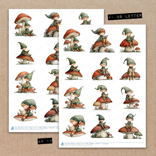 A4 and US Letter format comparison showing Watercolour Elf Mushroom fussy cut pages for print and cut crafting