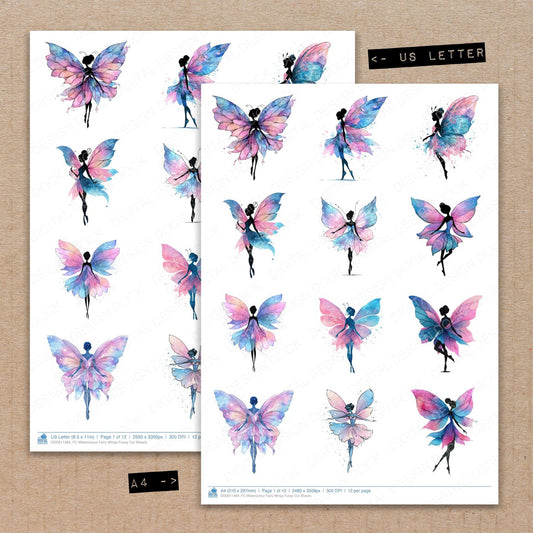 A4 and US Letter format comparison showing Watercolour Fairy Wings fussy cut pages for print and cut crafting