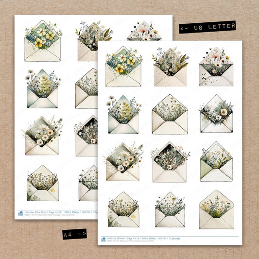 A4 and US Letter format comparison showing Watercolour Floral Envelope fussy cut pages for print and cut crafting