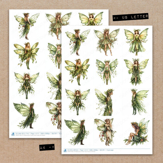A4 and US Letter format comparison showing Watercolour Forest Fairy fussy cut pages for print and cut crafting