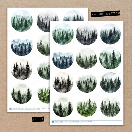 A4 and US Letter format comparison showing Watercolour Forest Round Design fussy cut pages for print and cut crafting