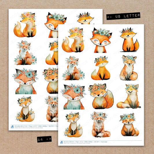 A4 and US Letter format comparison showing Watercolour Fox Garland fussy cut pages for print and cut crafting