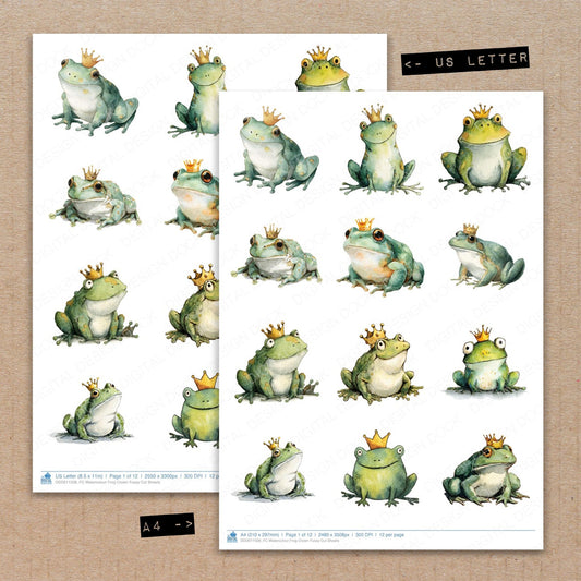A4 and US Letter format comparison showing Watercolour Frog Crown fussy cut pages for print and cut crafting