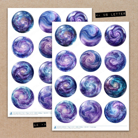 A4 and US Letter format comparison showing Watercolour Galaxy Orb fussy cut pages for print and cut crafting