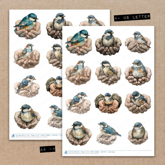 A4 and US Letter format comparison showing Watercolour Hands with Bird fussy cut pages for print and cut crafting