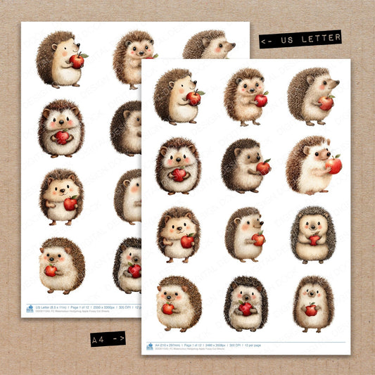 A4 and US Letter format comparison showing Watercolour Hedgehog Apple fussy cut pages for print and cut crafting