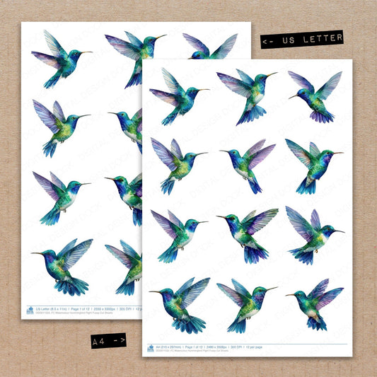 A4 and US Letter format comparison showing Watercolour Hummingbird Flight fussy cut pages for print and cut crafting