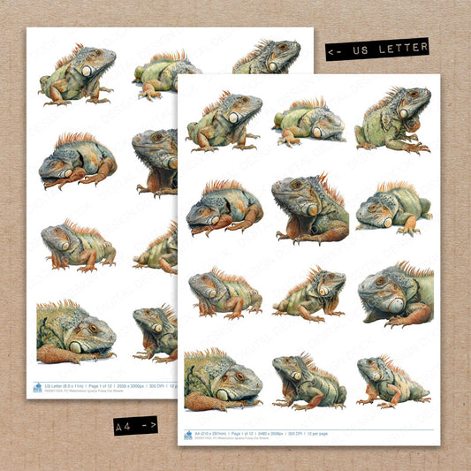 A4 and US Letter format comparison showing Watercolour Iguana fussy cut pages for print and cut crafting