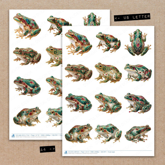 A4 and US Letter format comparison showing Watercolour Jewelled Frog fussy cut pages for print and cut crafting