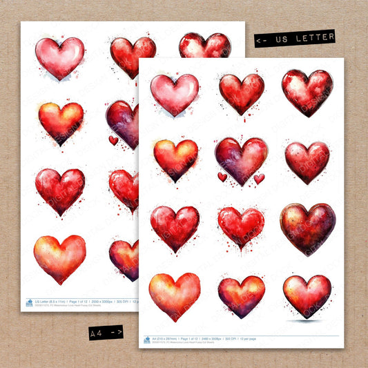 A4 and US Letter format comparison showing Watercolour Love Heart fussy cut pages for print and cut crafting