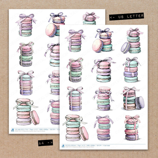 A4 and US Letter format comparison showing Watercolour Macaron Stack fussy cut pages for print and cut crafting