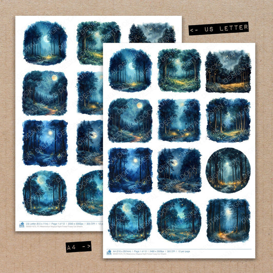 A4 and US Letter format comparison showing Watercolour Magical Night Forest fussy cut pages for print and cut crafting