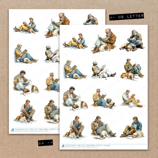 A4 and US Letter format comparison showing Watercolour Man Reading with Dog fussy cut pages for print and cut crafting