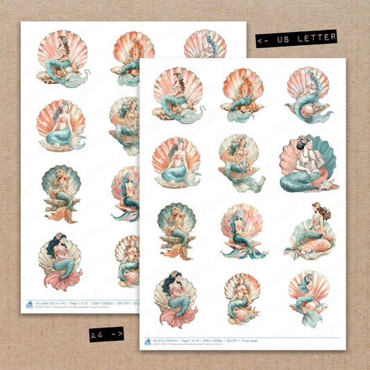 A4 and US Letter format comparison showing Watercolour Mermaid Seashell fussy cut pages for print and cut crafting