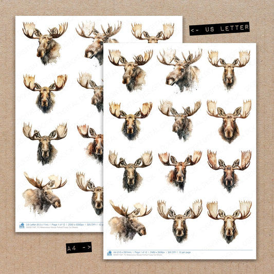 A4 and US Letter format comparison showing Watercolour Moose Portrait fussy cut pages for print and cut crafting