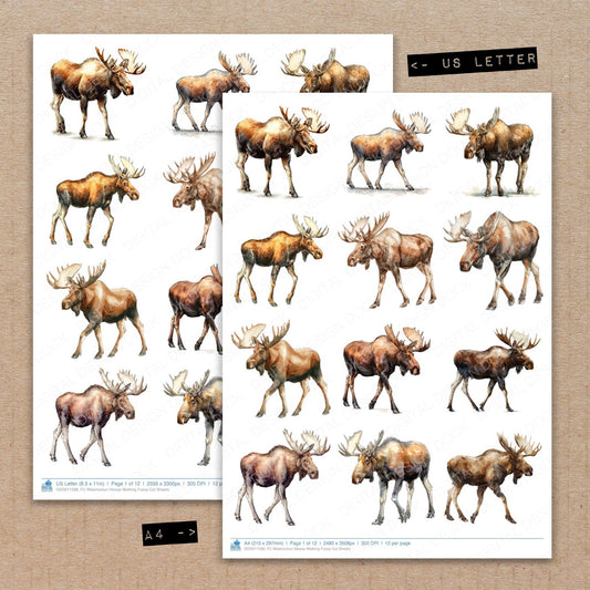 A4 and US Letter format comparison showing Watercolour Moose Walking fussy cut pages for print and cut crafting
