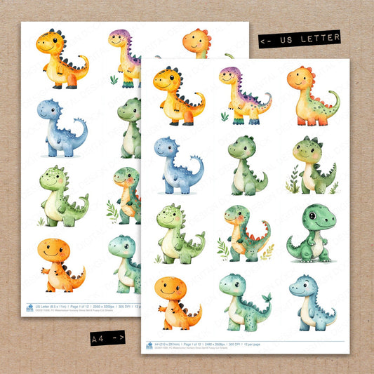 A4 and US Letter format comparison showing Watercolour Nursery Dinos B fussy cut pages for print and cut crafting