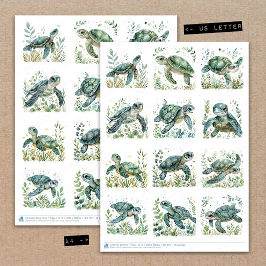A4 and US Letter format comparison showing Watercolour Nursery Sea Turtle fussy cut pages for print and cut crafting