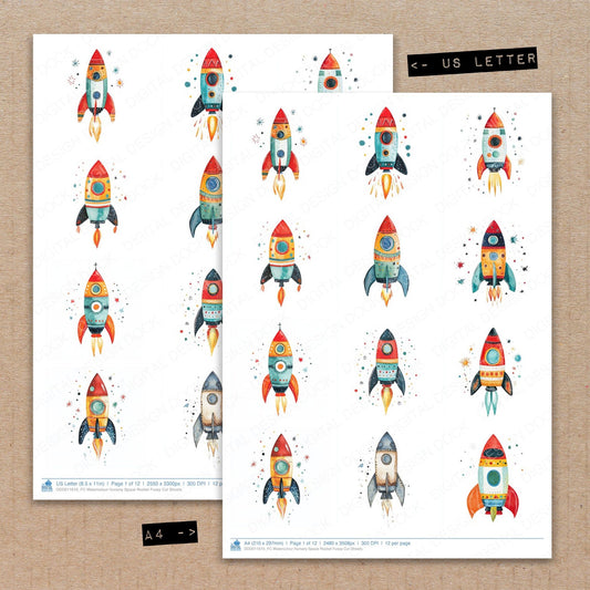A4 and US Letter format comparison showing Watercolour Nursery Space Rocket fussy cut pages for print and cut crafting