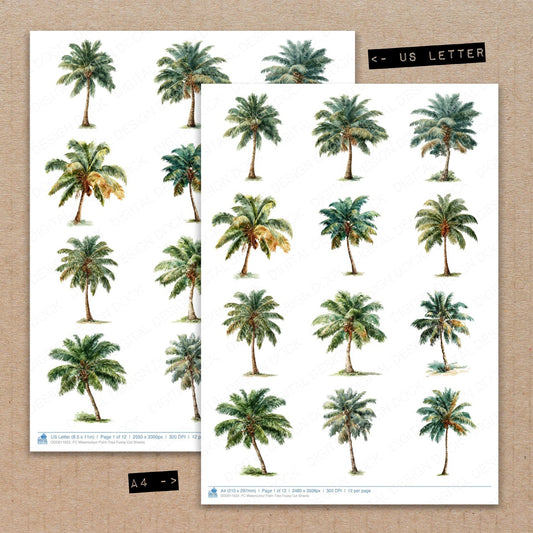 A4 and US Letter format comparison showing Watercolour Palm Tree fussy cut pages for print and cut crafting