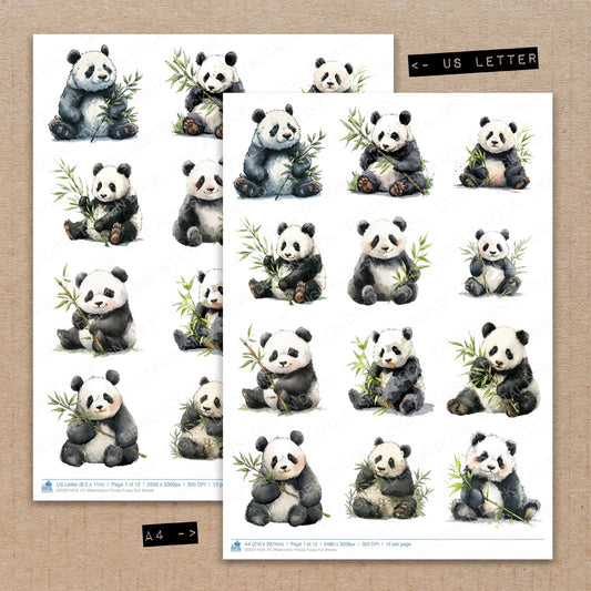 A4 and US Letter format comparison showing Watercolour Panda fussy cut pages for print and cut crafting