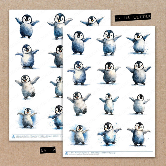 A4 and US Letter format comparison showing Watercolour Penguin B fussy cut pages for print and cut crafting