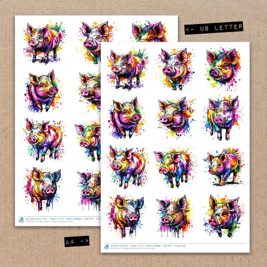 Watercolour Pig Spatter Fussy Cut Sheets (DDD011644)