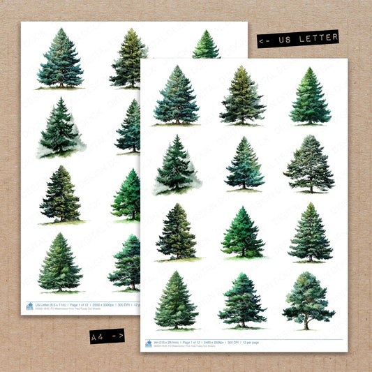 A4 and US Letter format comparison showing Watercolour Pine Tree fussy cut pages for print and cut crafting